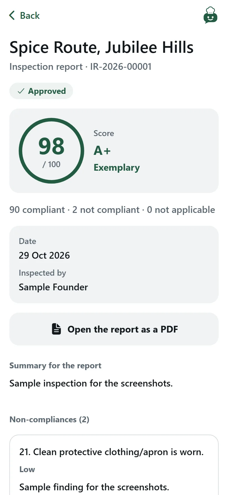 An approved inspection report in the app: 98 out of 100, A plus, 90 checks compliant and 2 not.